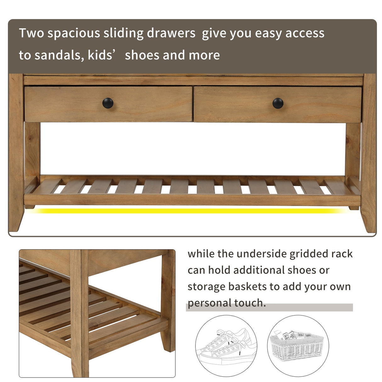 TREXM Shoe Rack with Cushioned Seat and Drawers