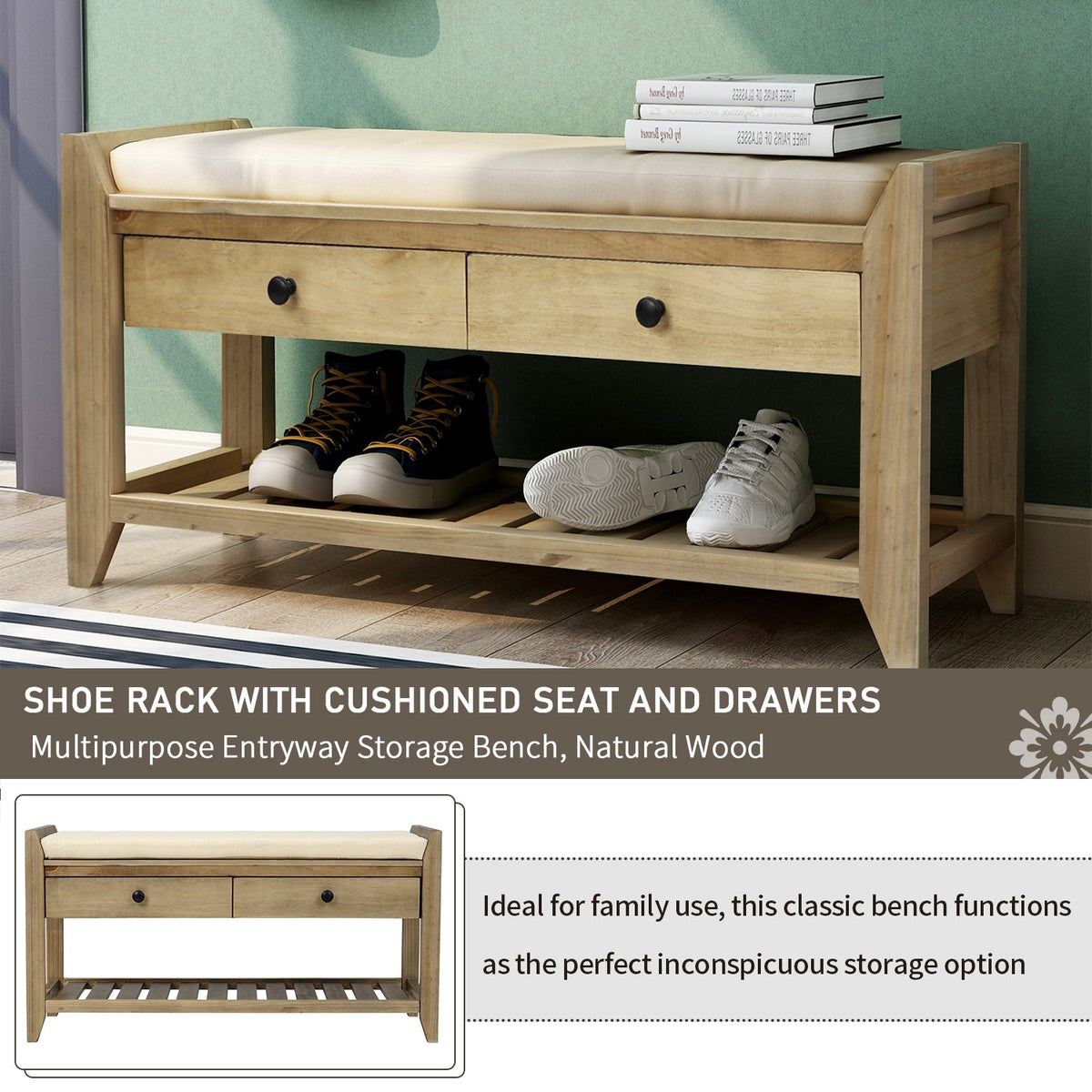 TREXM Shoe Rack with Cushioned Seat and Drawers