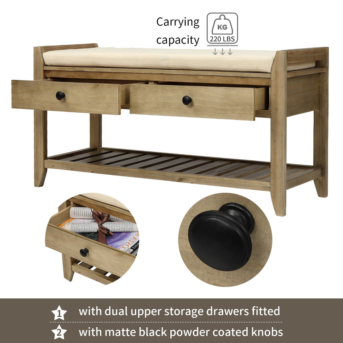 TREXM Shoe Rack with Cushioned Seat and Drawers