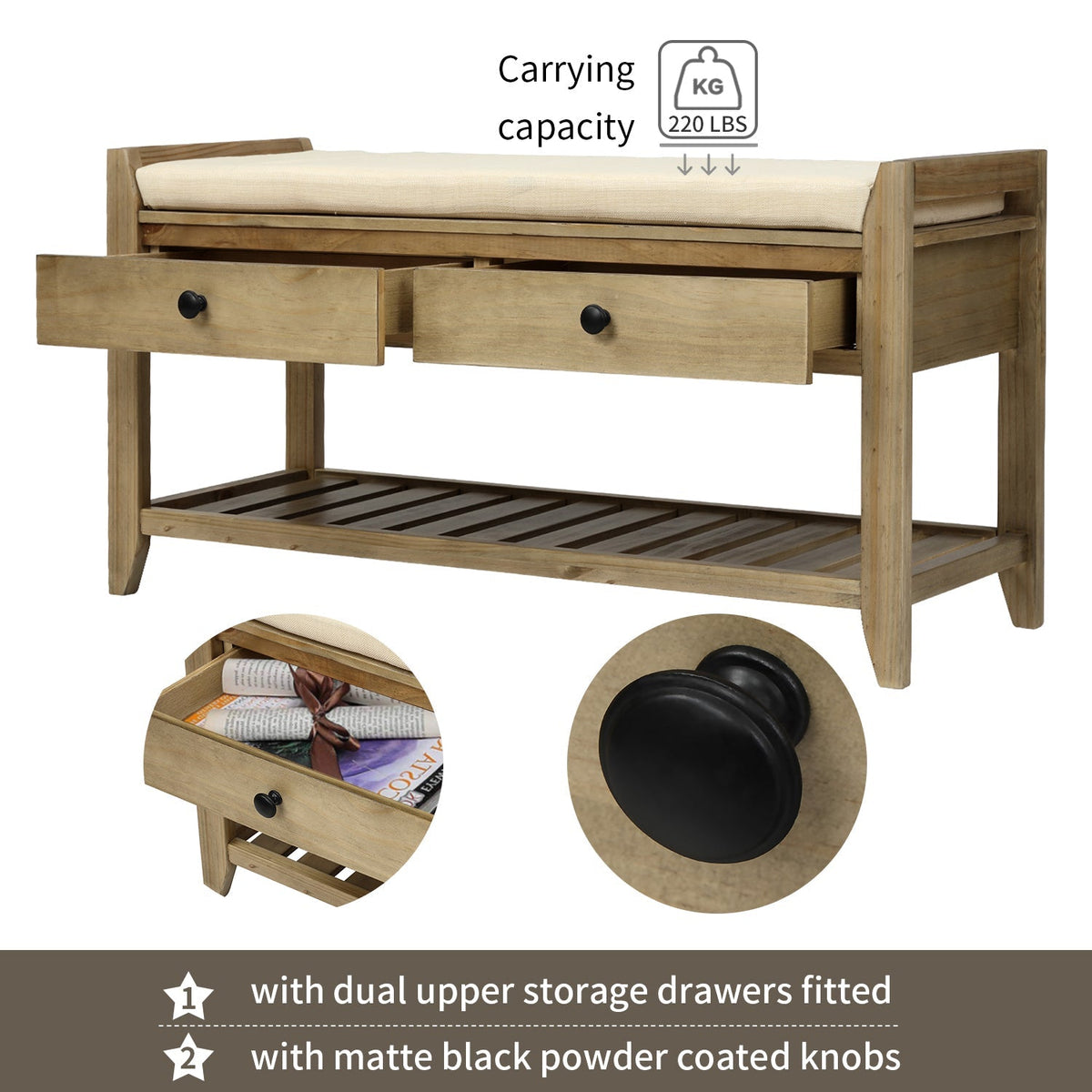 TREXM Shoe Rack with Cushioned Seat and Drawers