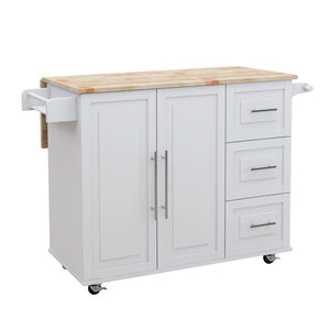 Kitchen Island with Spice Rack, Towel Rack and Extensible Solid Wood Table Top - White