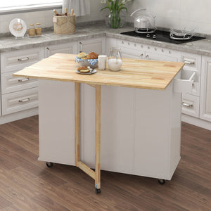Kitchen Island with Spice Rack, Towel Rack and Extensible Solid Wood Table Top - White