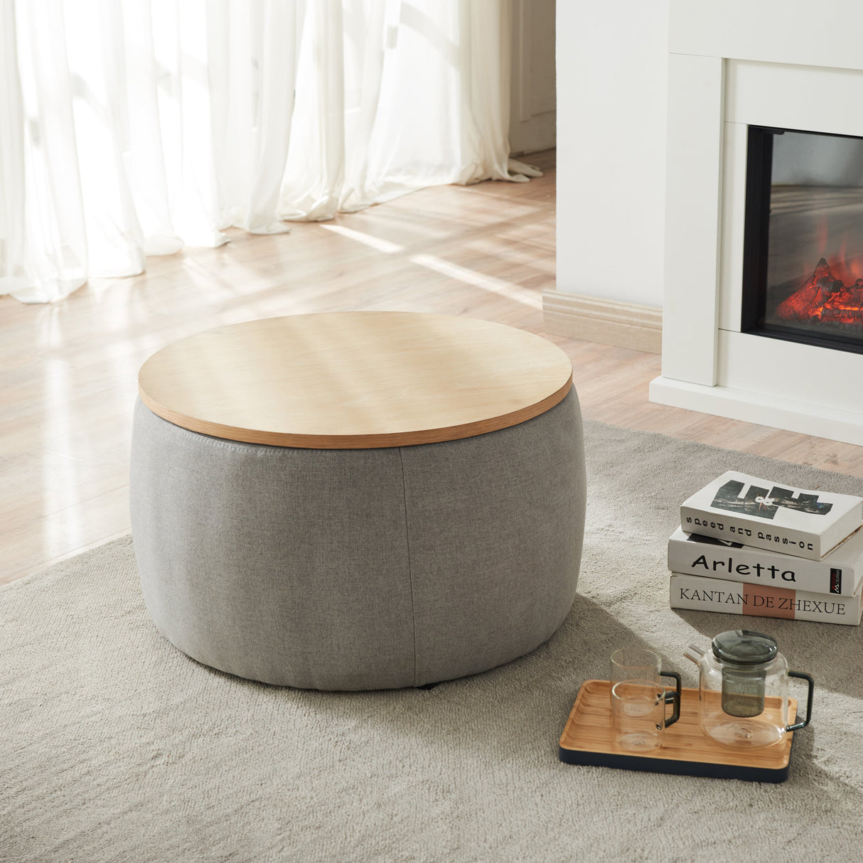 Round Storage Ottoman, 2 in 1 Function, Dark
