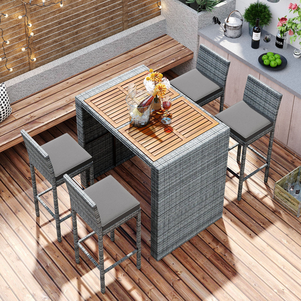 GO 5-Pieces Outdoor Patio Wicker Bar Set
