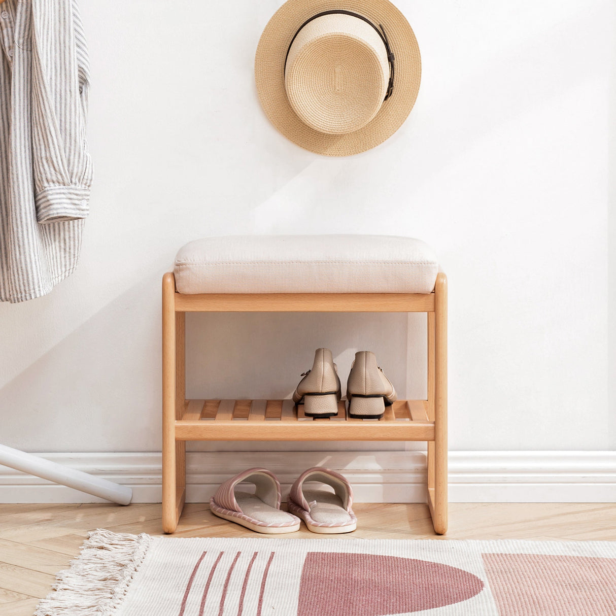 Natural Solid Wood Shoe Bench with High Rebound Sponge Cushion