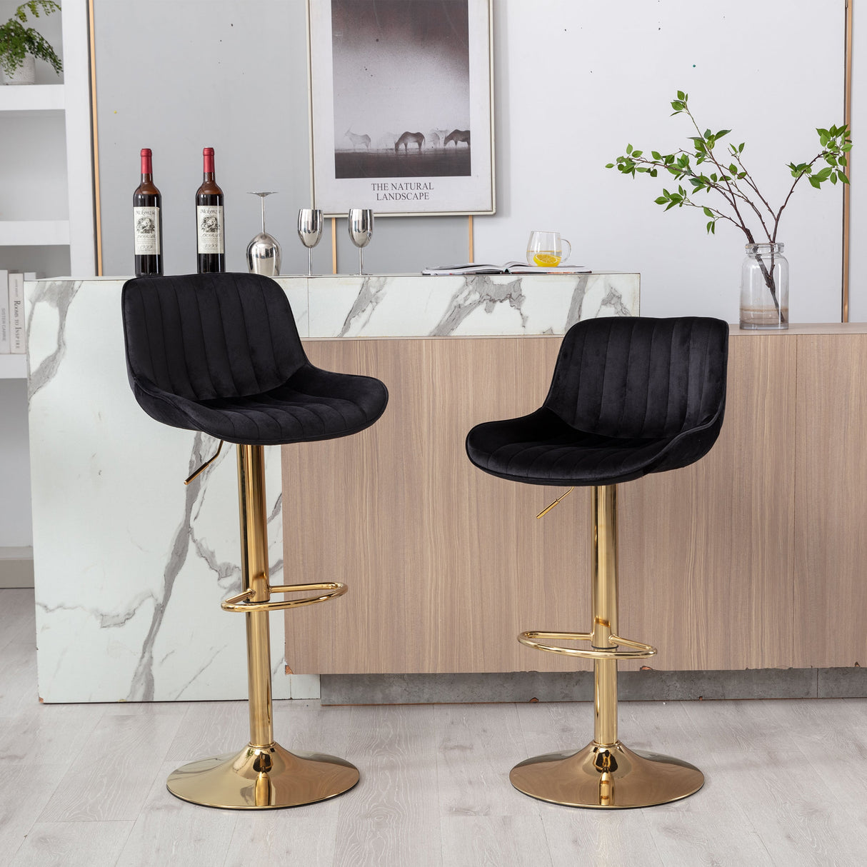Chrome Footrest and Base Swivel Height Adjustable Mechanical Lifting Velvet Bar Stool, Set of 2