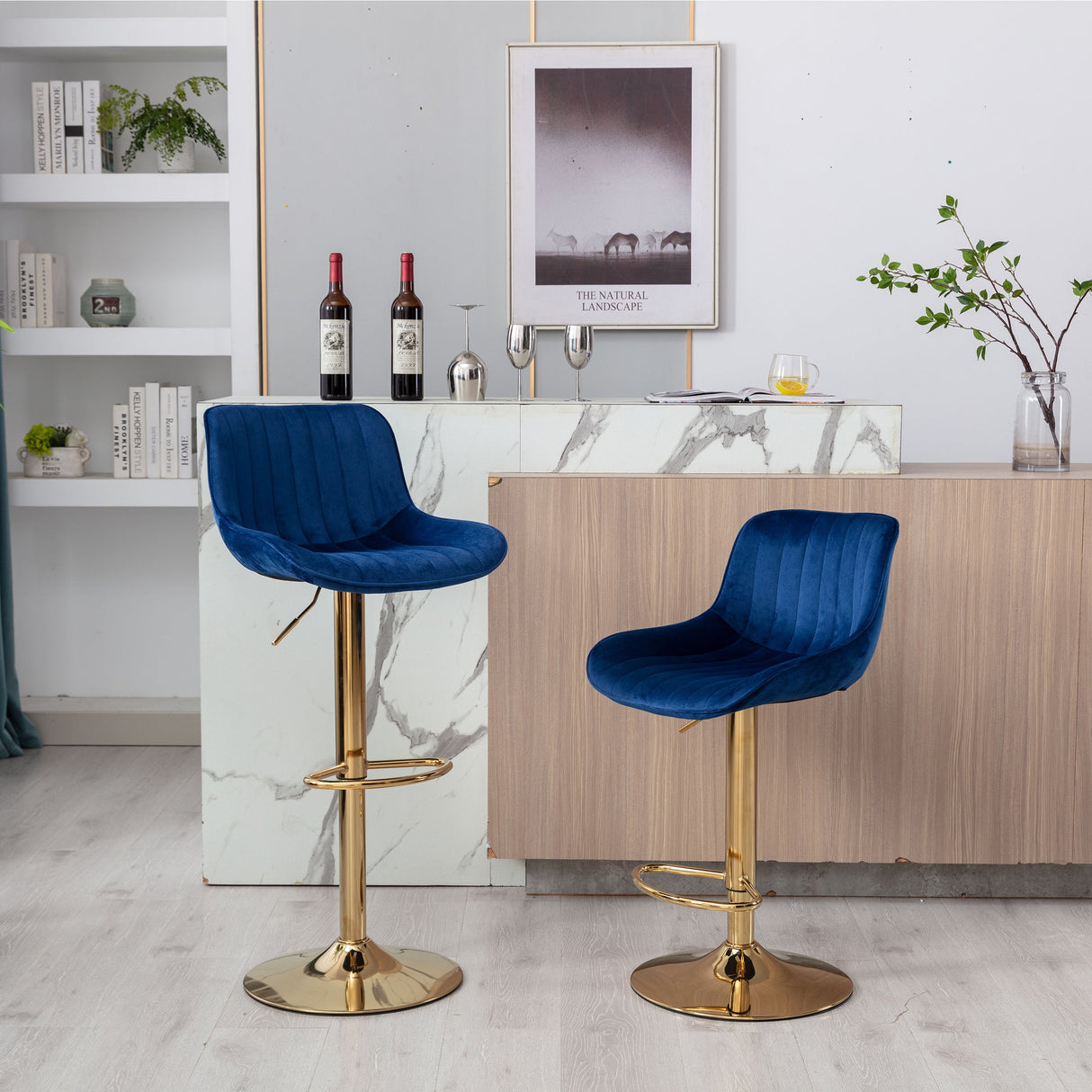 Chrome Footrest and Base Swivel Height Adjustable Mechanical Lifting Velvet Bar Stool, Set of 2
