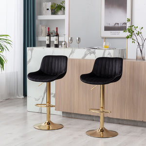 Chrome Footrest and Base Swivel Height Adjustable Mechanical Lifting Velvet Bar Stool, Set of 2
