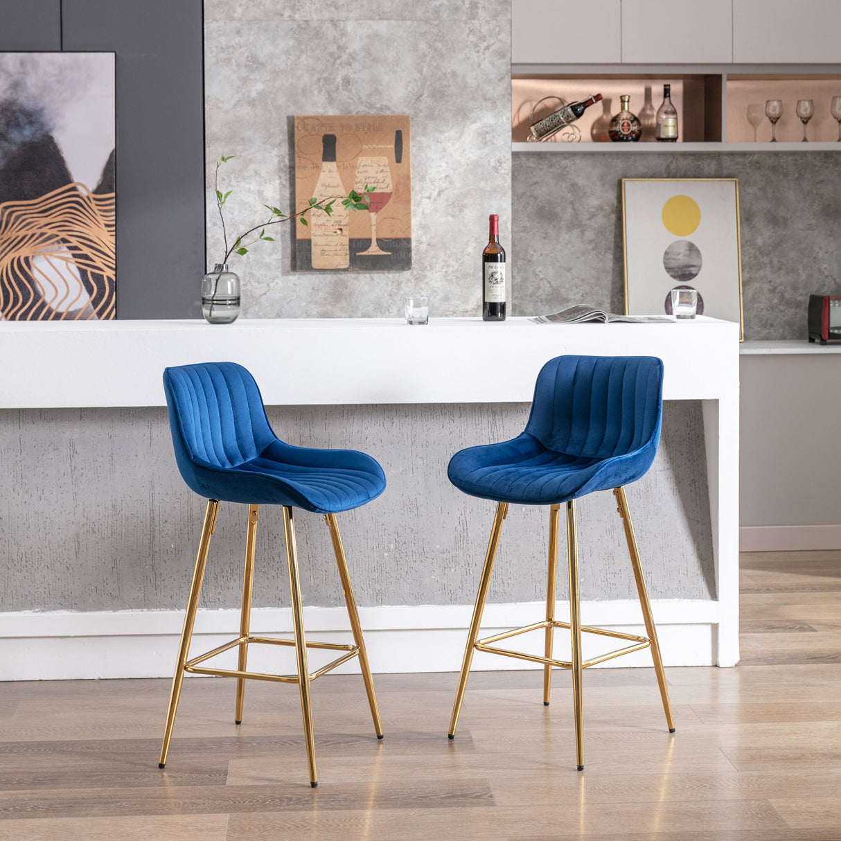 26 Inch Set of 2 Bar Stools with Steel Frame and Velvet Fabric