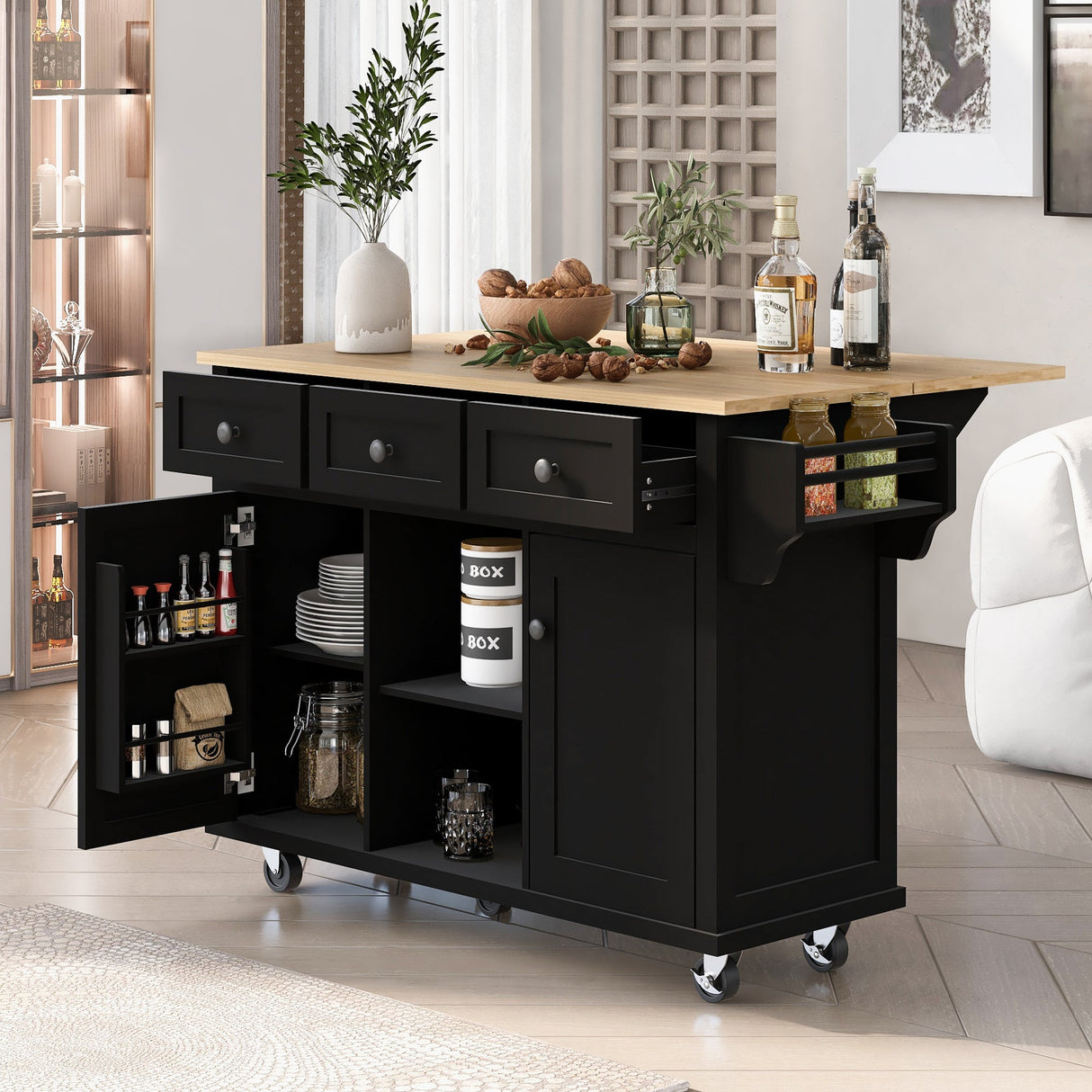 Rubber Wood Drop-Leaf Kitchen Cart with Storage