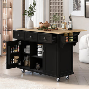 Rubber Wood Drop-Leaf Kitchen Cart with Storage