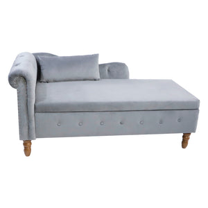 Grey Velvet Chaise Lounge Indoor with Storage & Pillow
