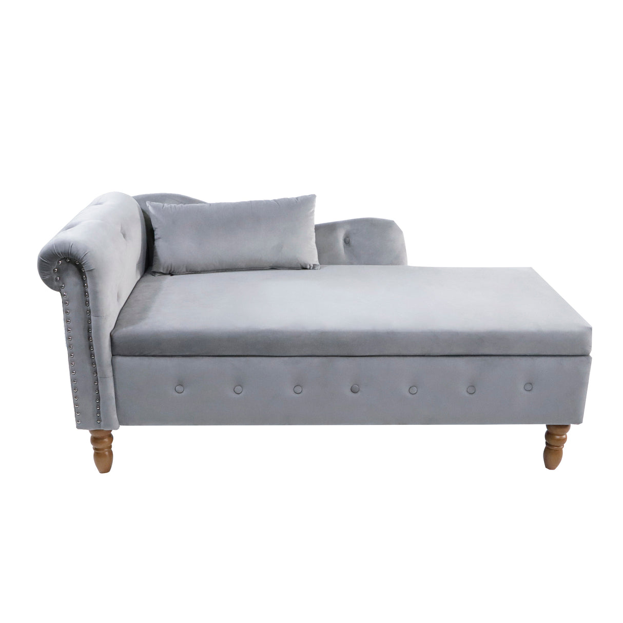 Grey Velvet Chaise Lounge Indoor with Storage & Pillow
