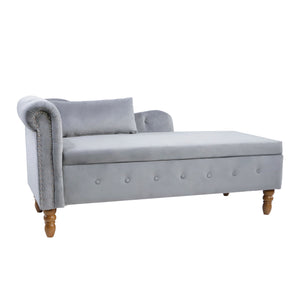 Grey Velvet Chaise Lounge Indoor with Storage & Pillow