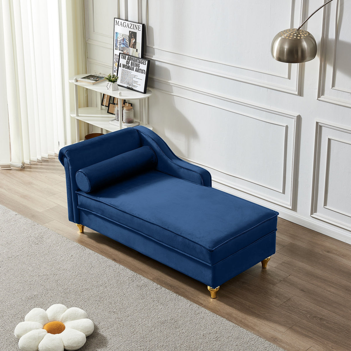 Modern Velvet Chaise Lounge Chair with Storage - Navy Blue