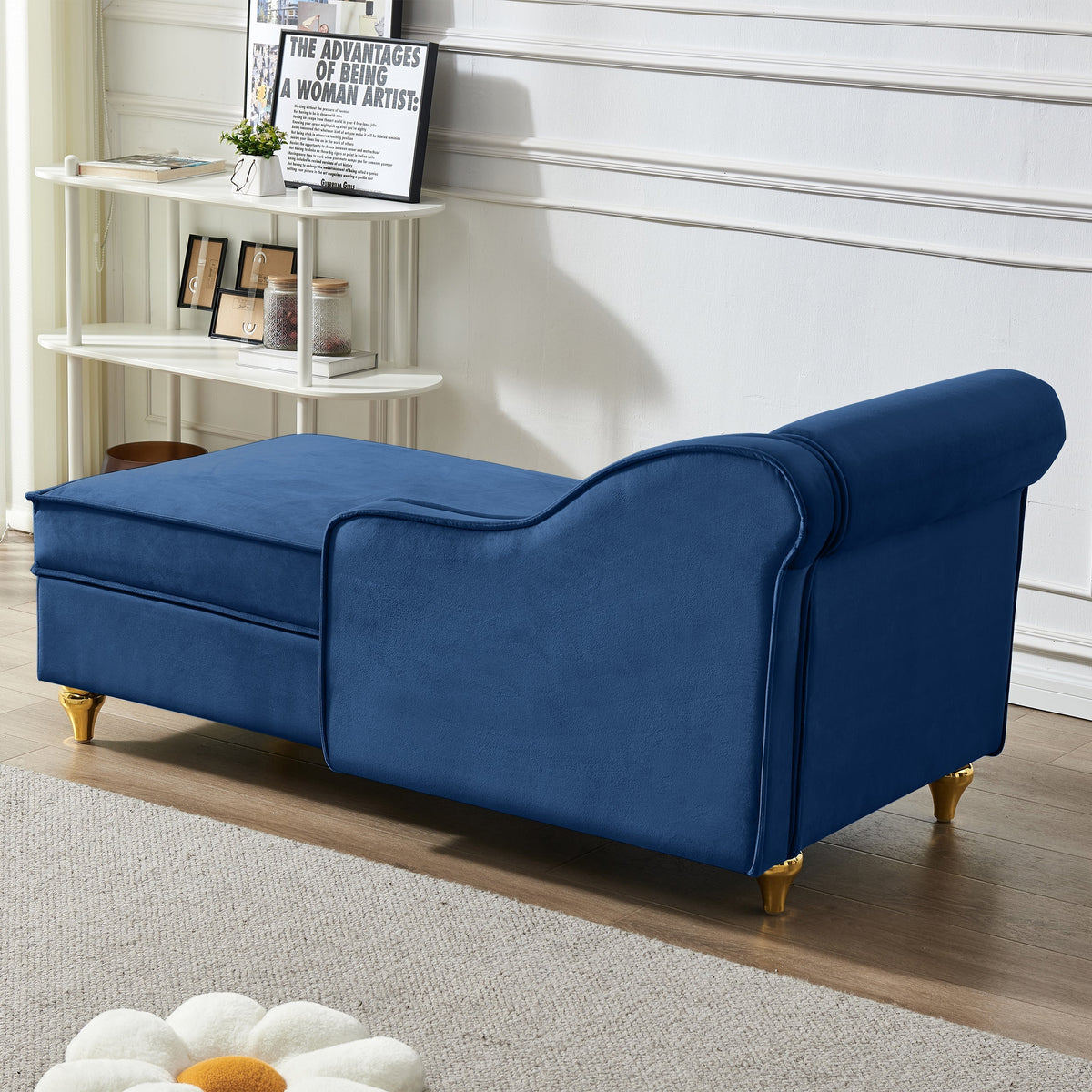 Modern Velvet Chaise Lounge Chair with Storage - Navy Blue