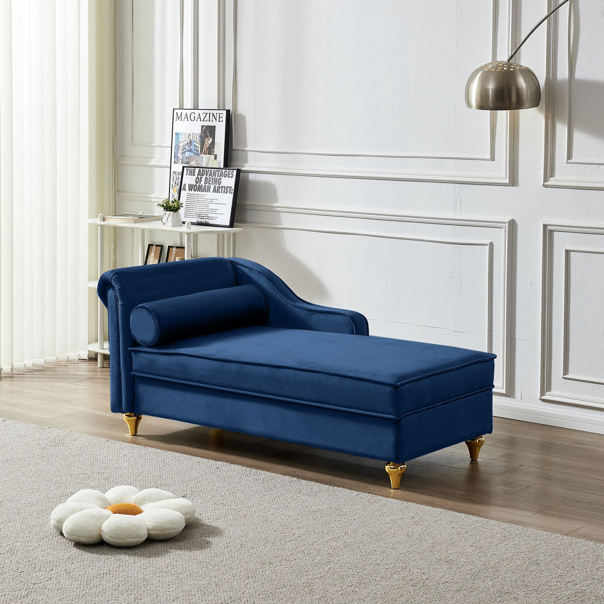 Modern Velvet Chaise Lounge Chair with Storage - Navy Blue
