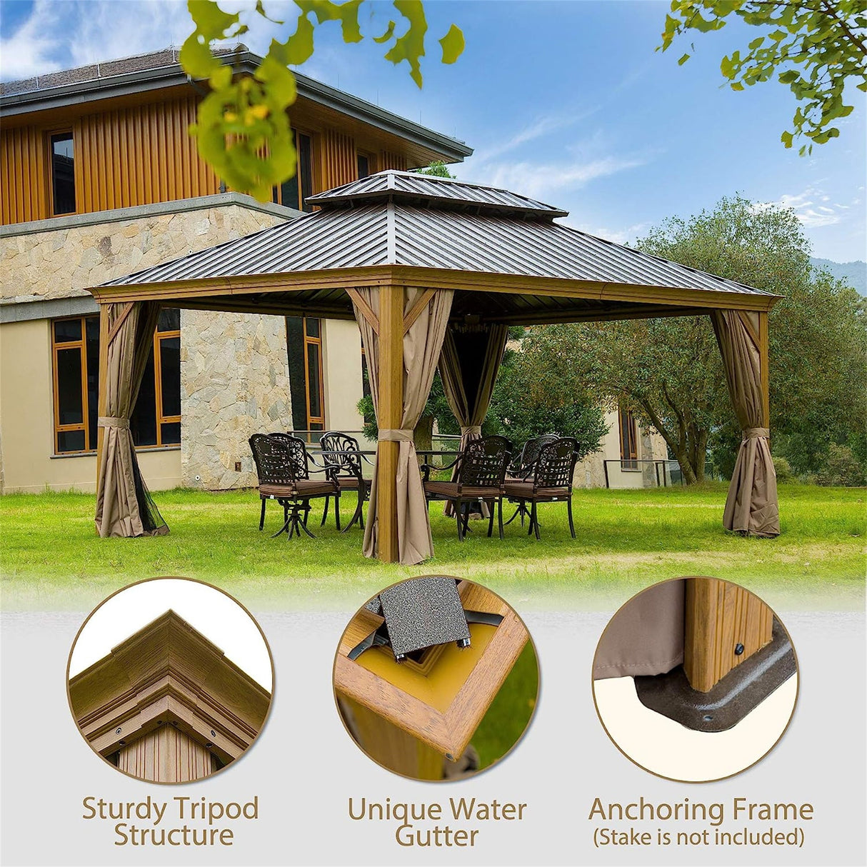 12'x14' Hardtop Gazebo, Wooden Coated Aluminum Frame Canopy