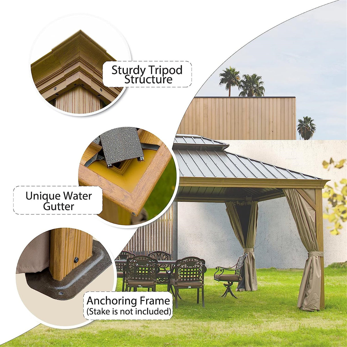 12'x14' Hardtop Gazebo, Wooden Coated Aluminum Frame Canopy