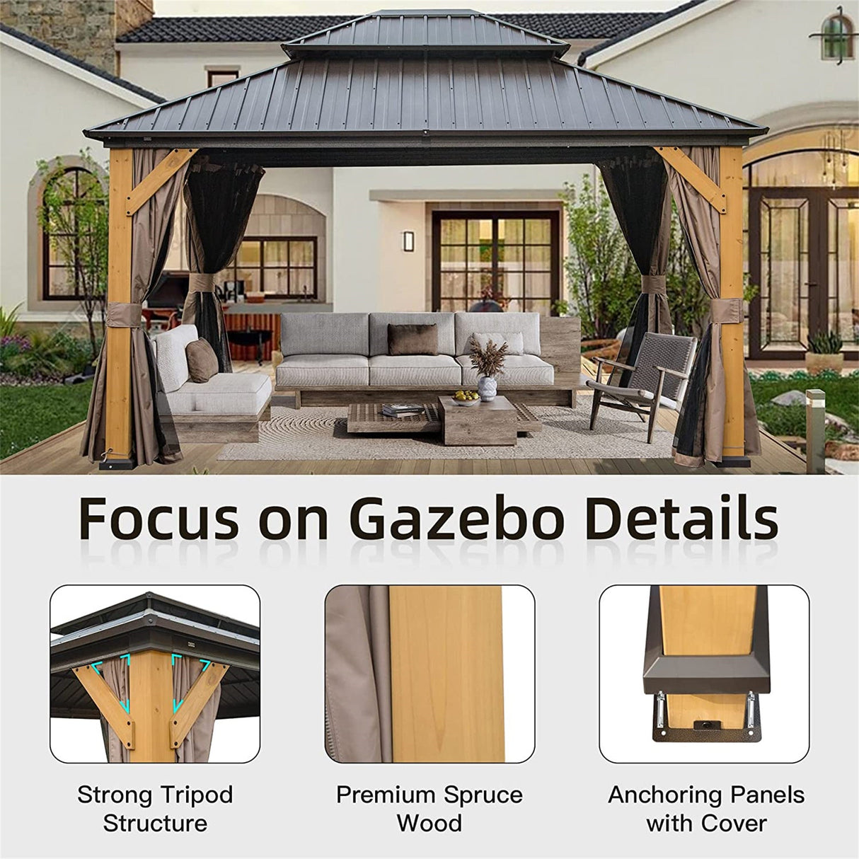 12'x14' Hardtop Gazebo, Outdoor Cedar Wood Frame Canopy