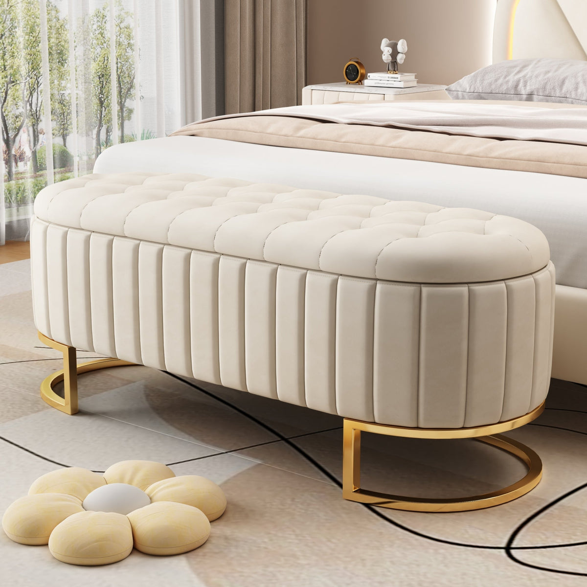 Elegant Upholstered Velvet Storage Ottoman with Ample Storage - Beige or Pink