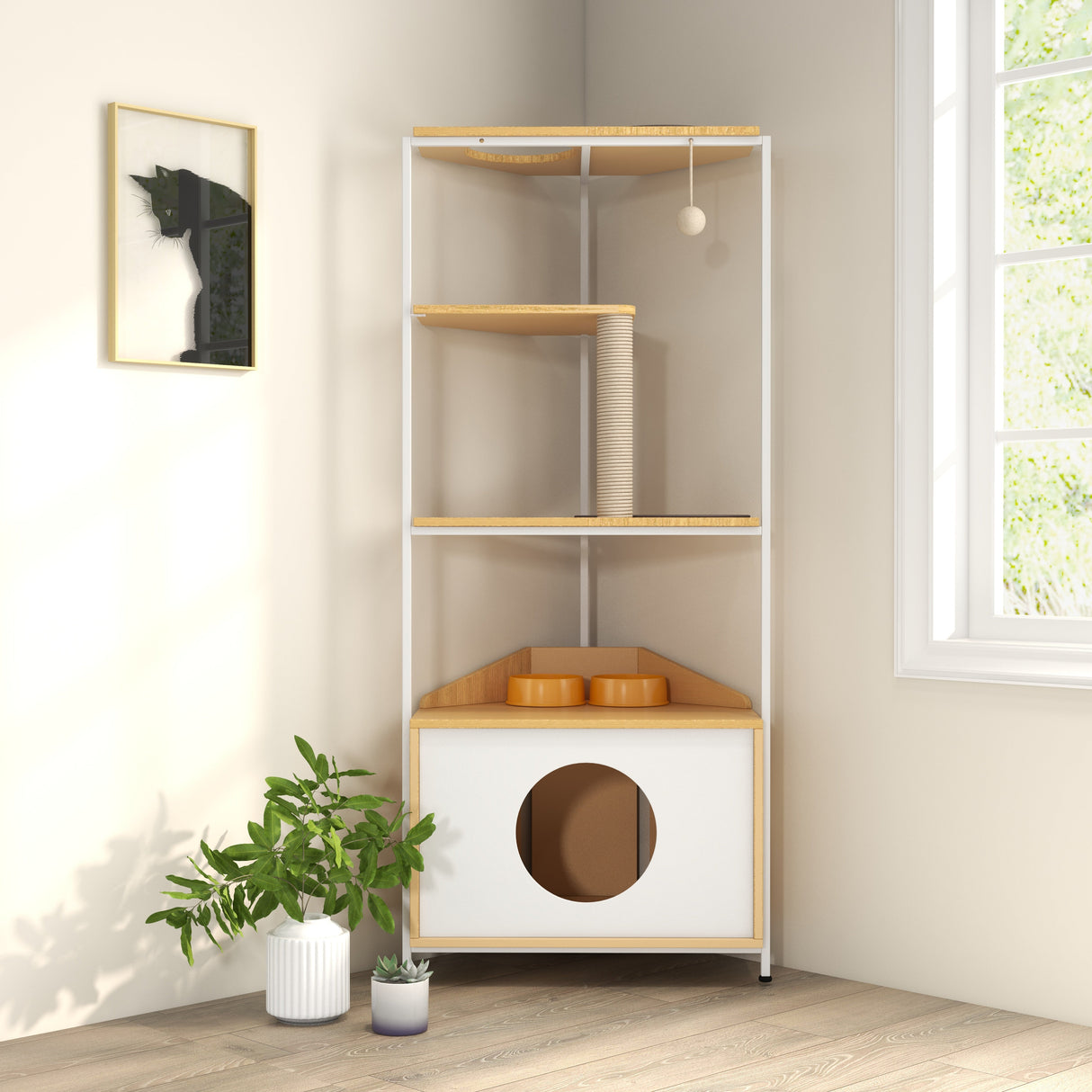 Corner Cat Tower with Scratching Post and Feeding Station
