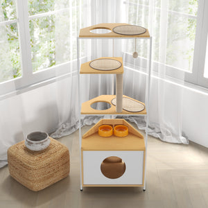 Corner Cat Tower with Scratching Post and Feeding Station