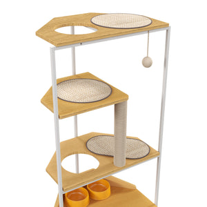 Corner Cat Tower with Scratching Post and Feeding Station