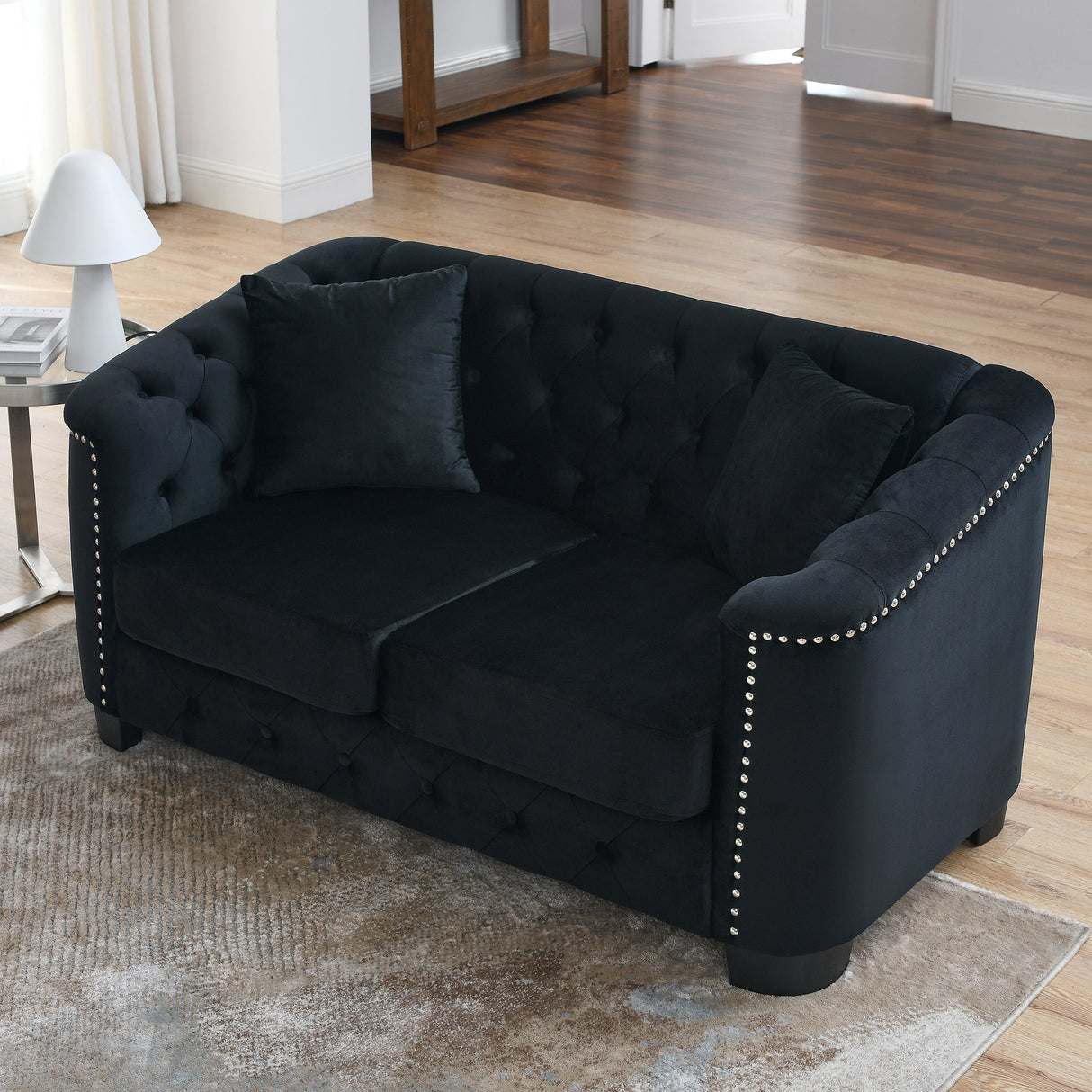 59-Inch Modern Chesterfield Velvet Sofa - 2-Seater in Black