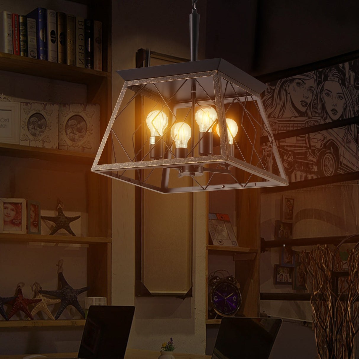 16" Black Gold Industrial Pendant Chandelier