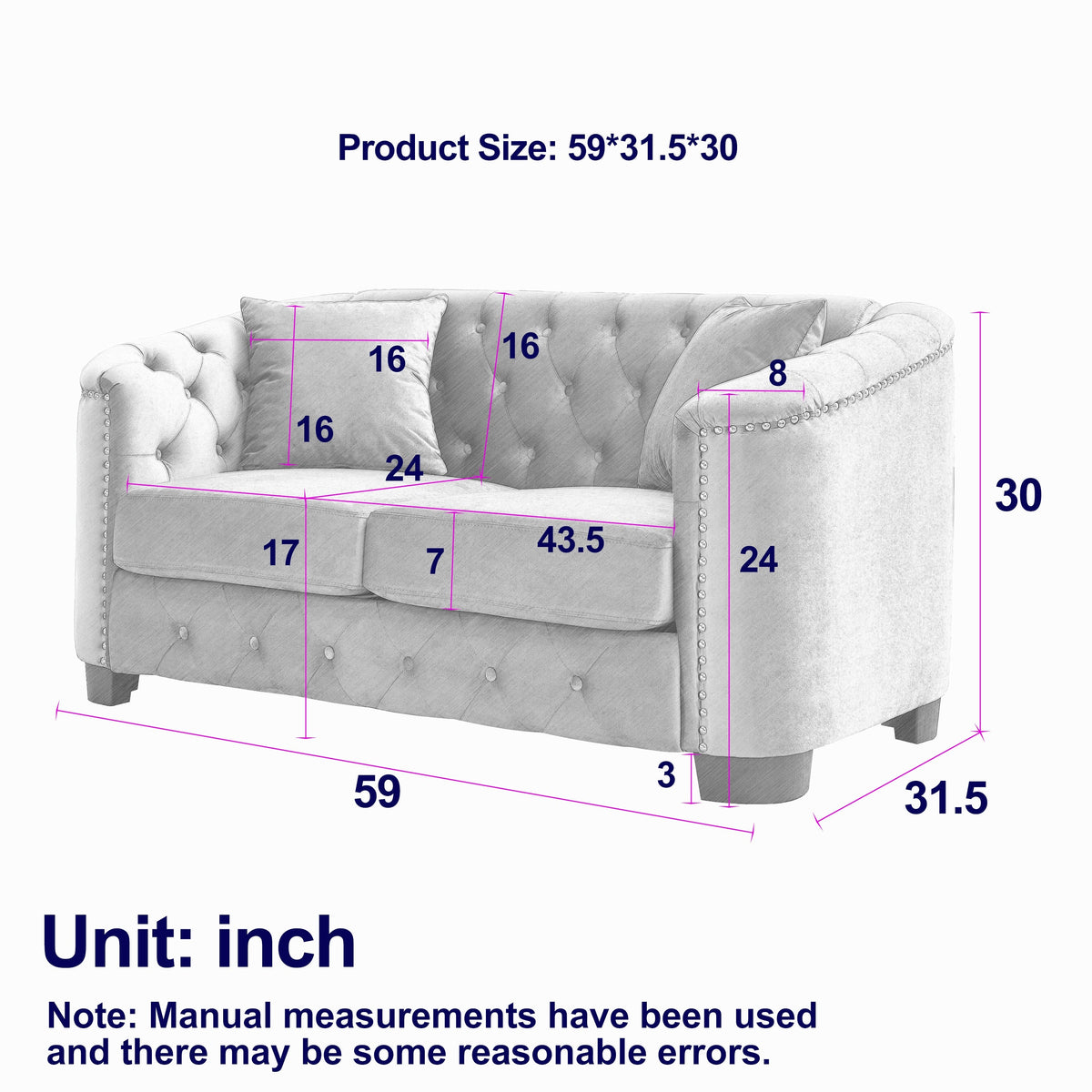 59-Inch Modern Chesterfield Velvet Sofa