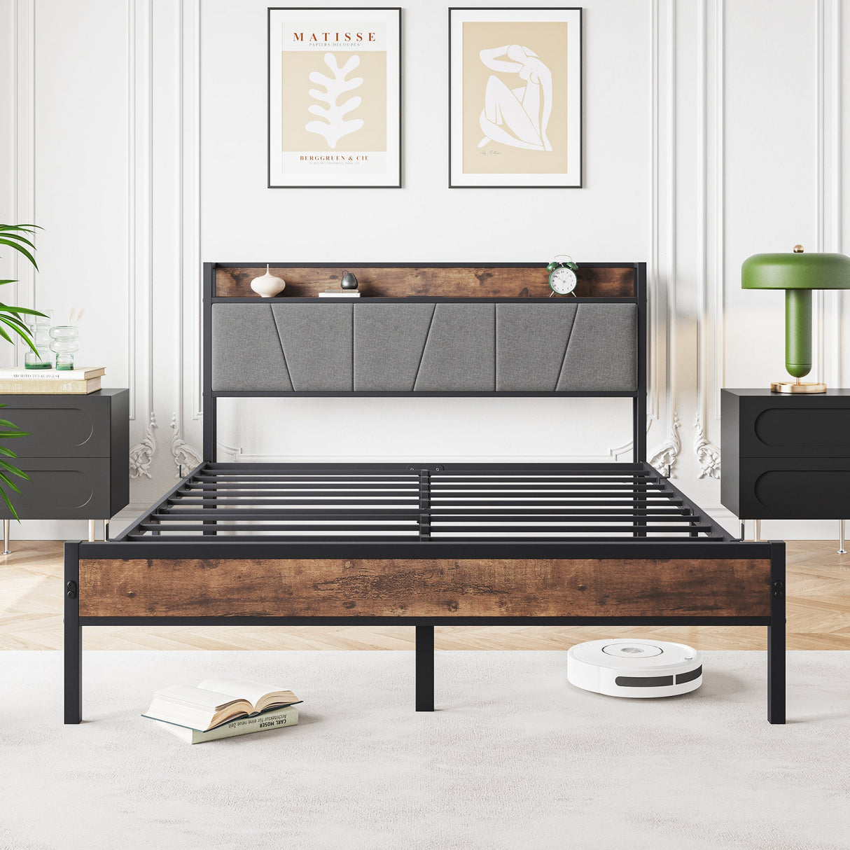Queen Size Bed Frame with Storage Headboard and Charging Station