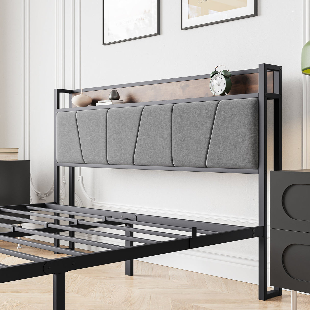 Queen Size Bed Frame with Storage Headboard and Charging Station