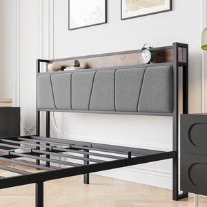 Queen Size Bed Frame with Storage Headboard and Charging Station