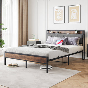 Queen Size Bed Frame with Storage Headboard and Charging Station