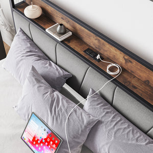 Queen Size Bed Frame with Storage Headboard and Charging Station