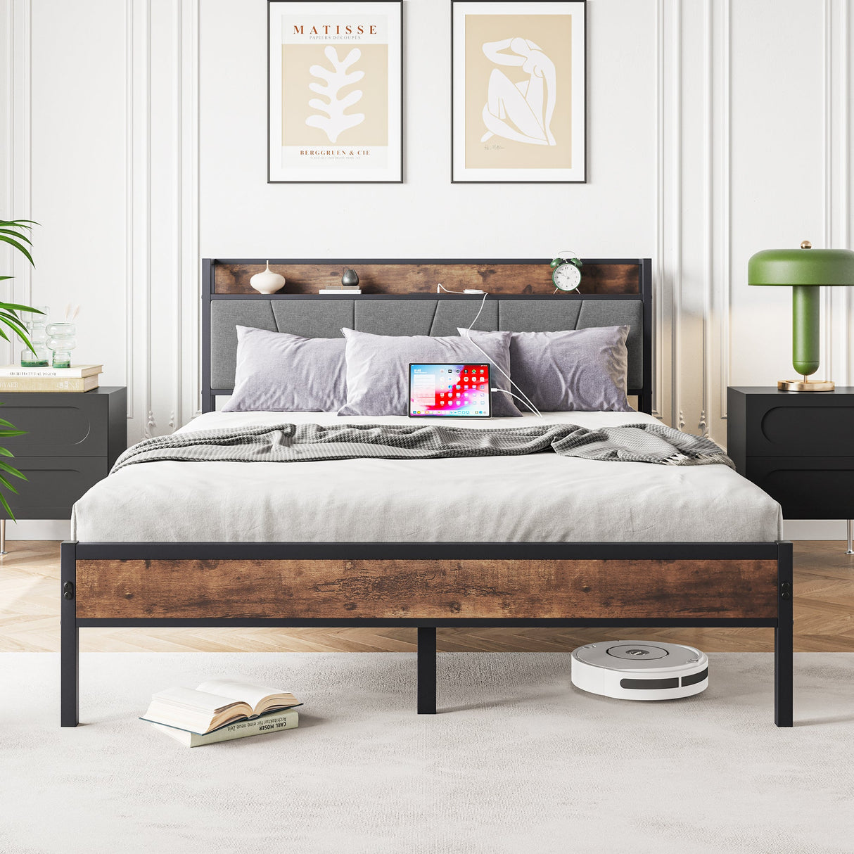 Queen Size Bed Frame with Storage Headboard and Charging Station