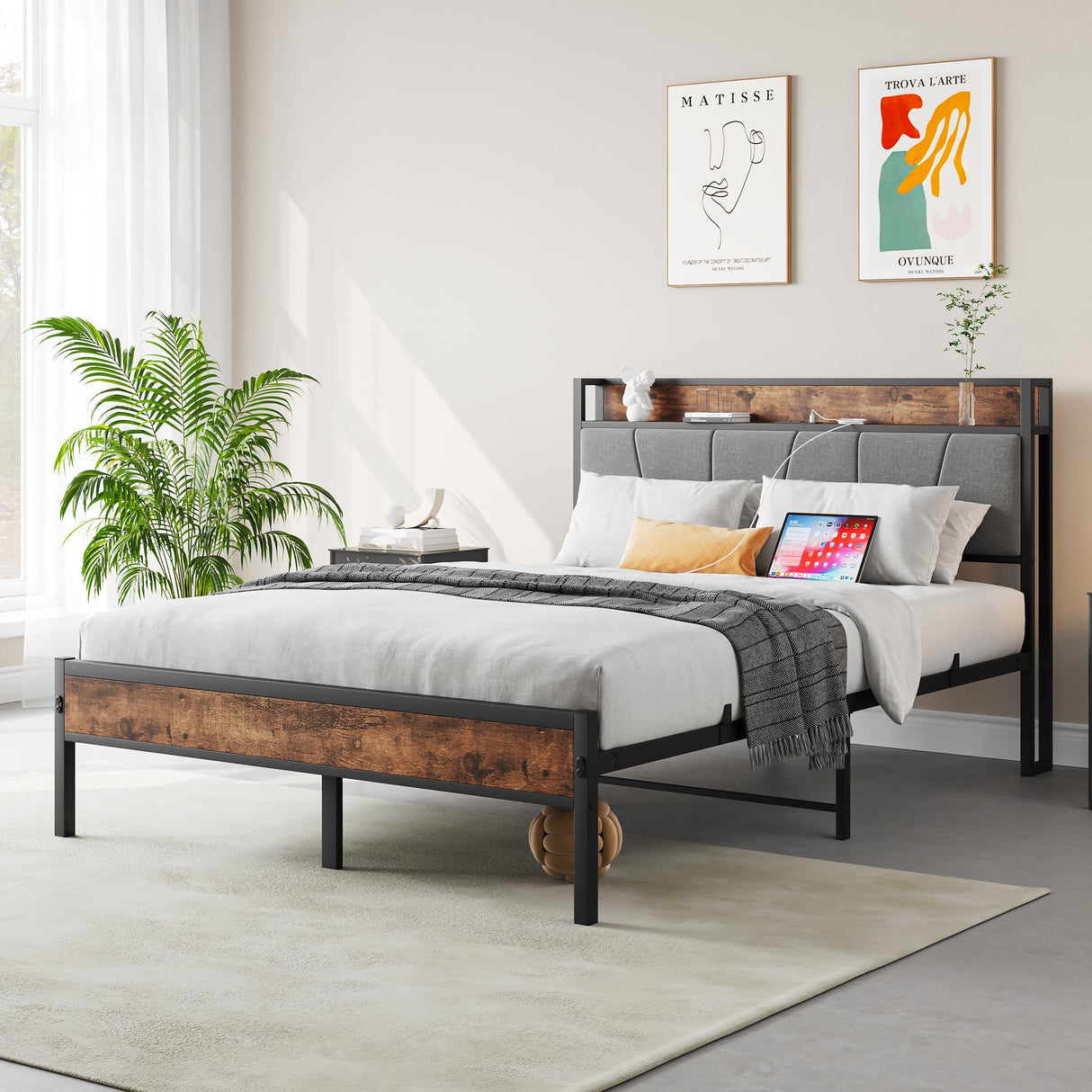 Full Size Bed Frame with Storage Headboard