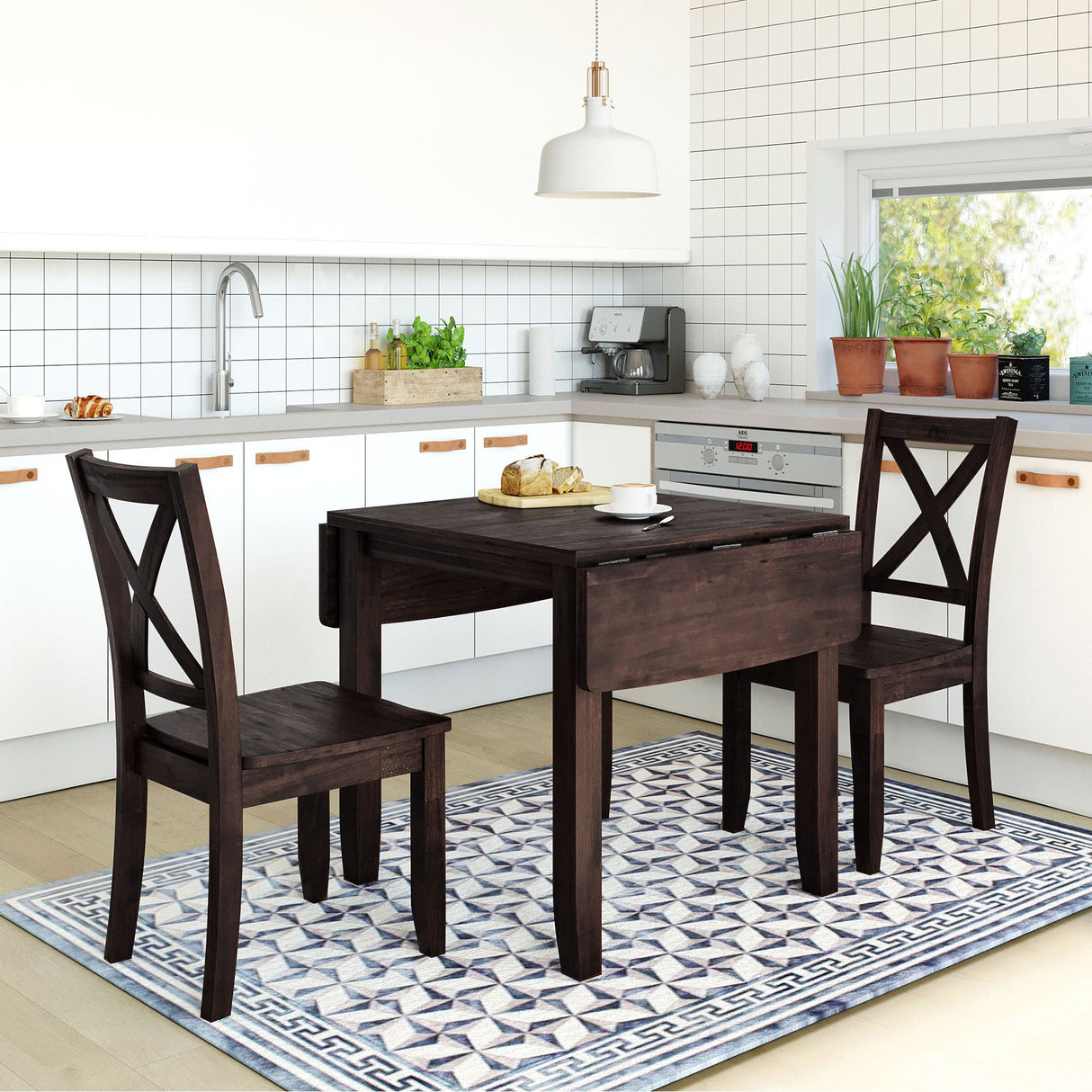 TOPMAX 3-Piece Wood Drop Leaf Breakfast Nook Dining Table Set with 2 X-back Chairs