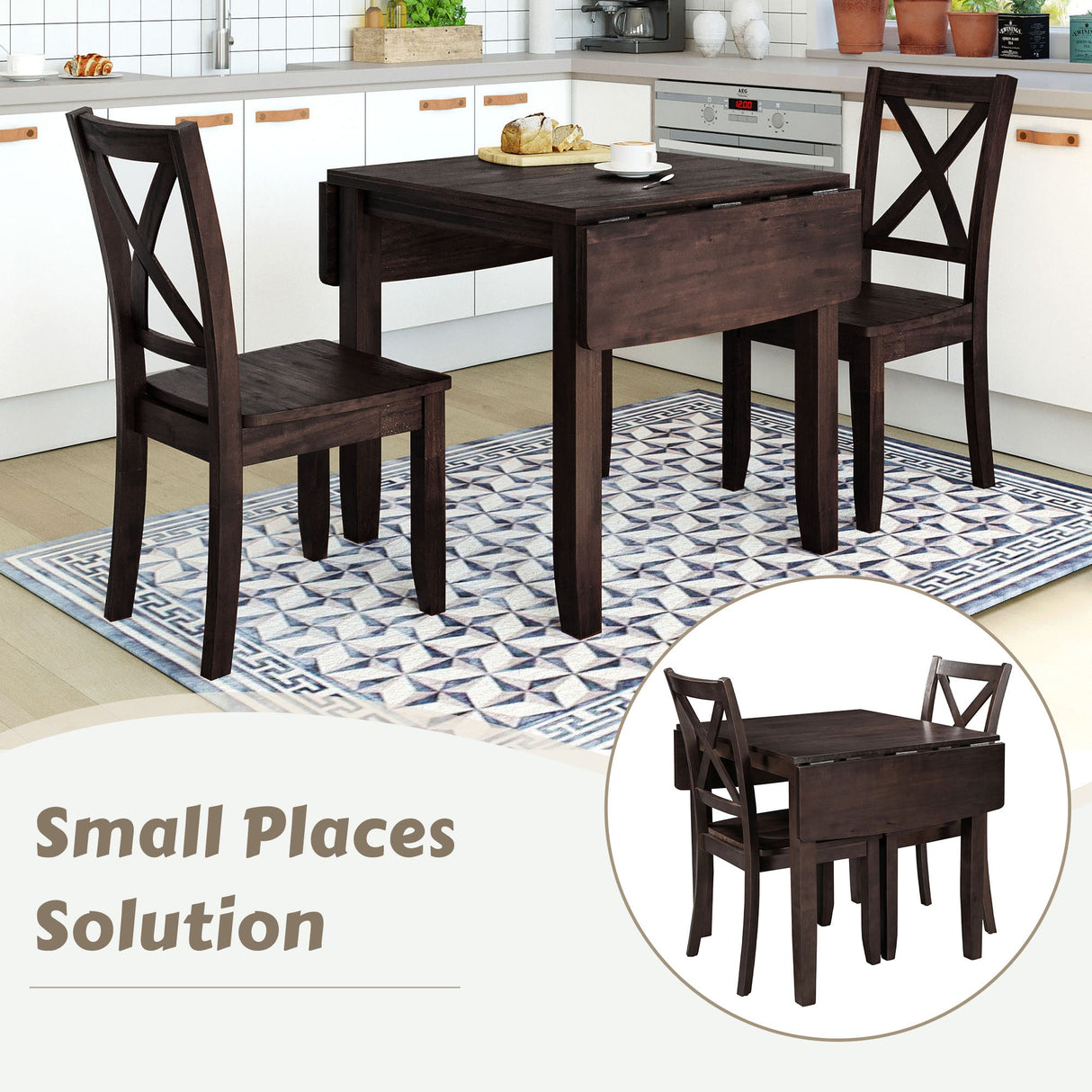 TOPMAX 3-Piece Wood Drop Leaf Breakfast Nook Dining Table Set with 2 X-back Chairs