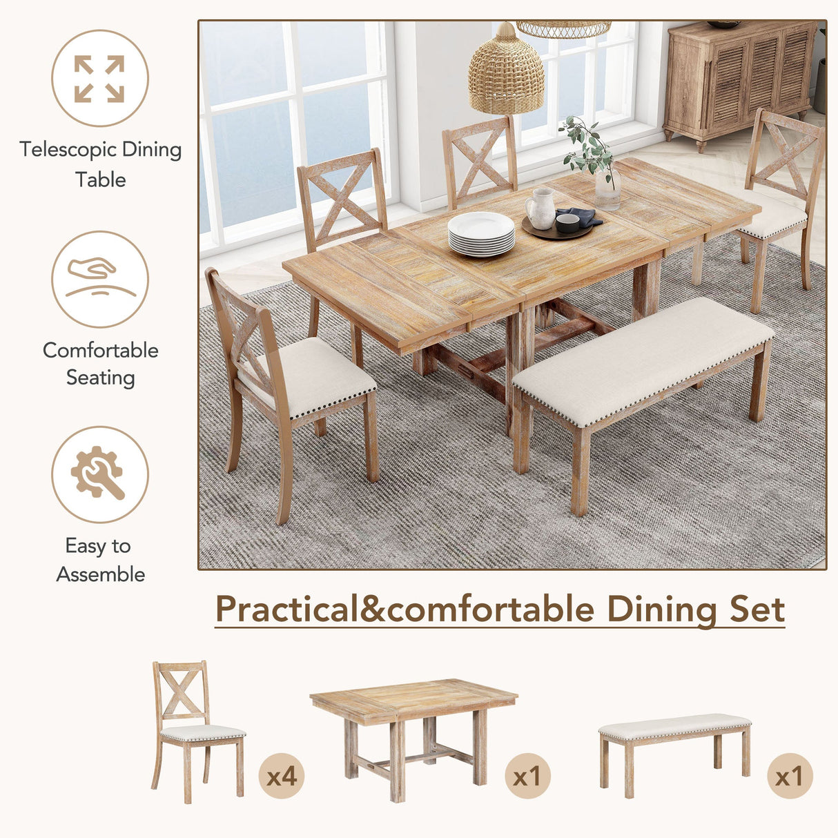 TOPMAX Farmhouse 82inch 6-Piece Extendable Dining Table Set