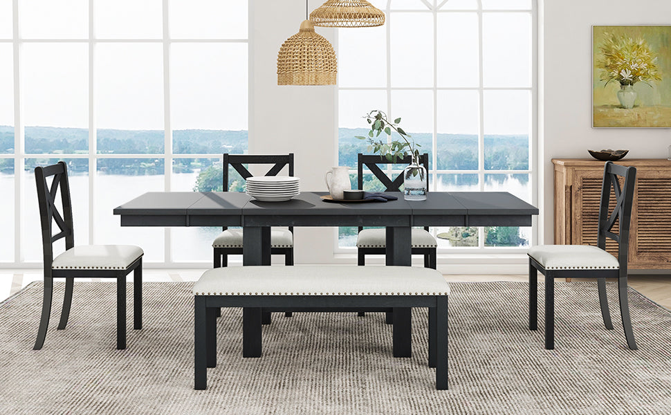 TOPMAX Farmhouse 82-Inch 6-Piece Extendable Dining Table Set