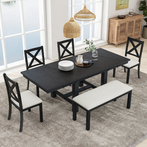 TOPMAX Farmhouse 82-Inch 6-Piece Extendable Dining Table Set