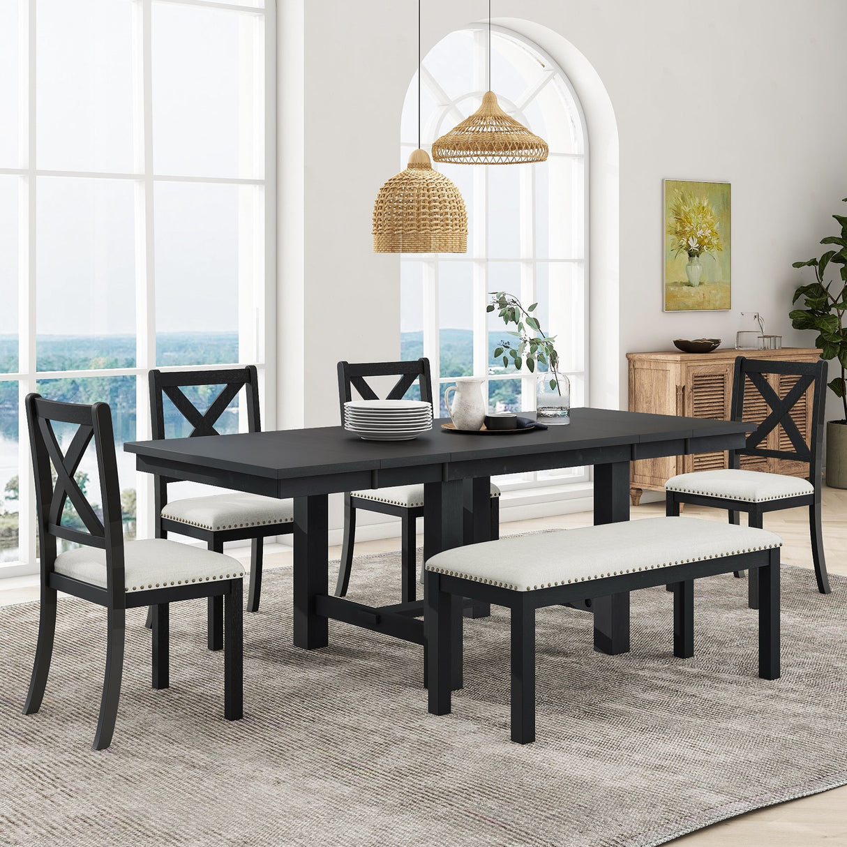 TOPMAX Farmhouse 82-Inch 6-Piece Extendable Dining Table Set