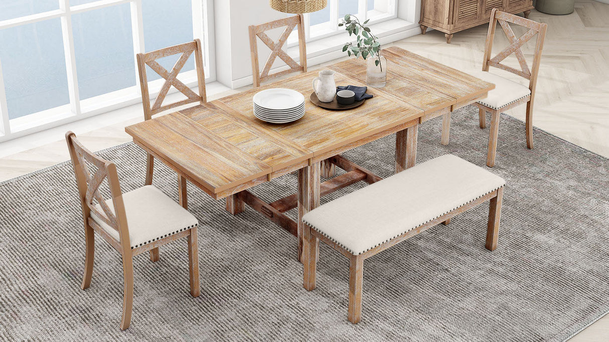 TOPMAX Farmhouse 82inch 6-Piece Extendable Dining Table Set
