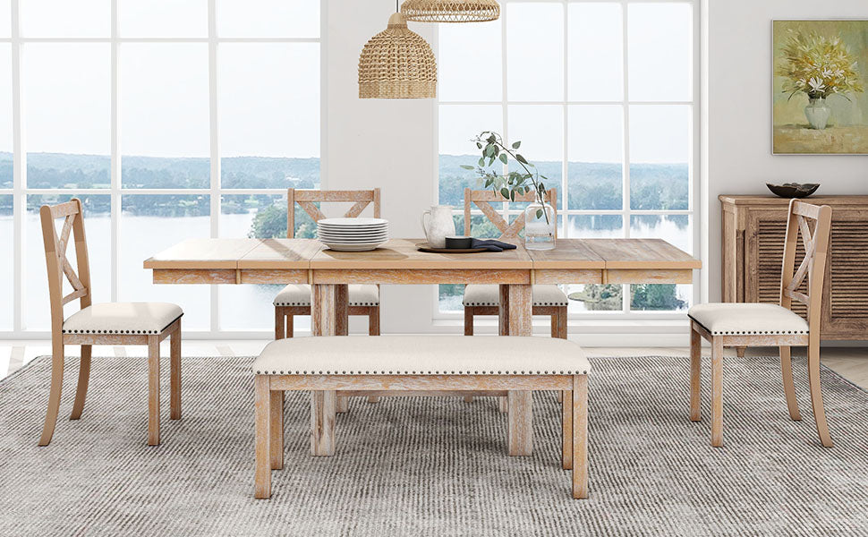 TOPMAX Farmhouse 82inch 6-Piece Extendable Dining Table Set