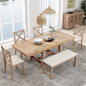 TOPMAX Farmhouse 82inch 6-Piece Extendable Dining Table Set