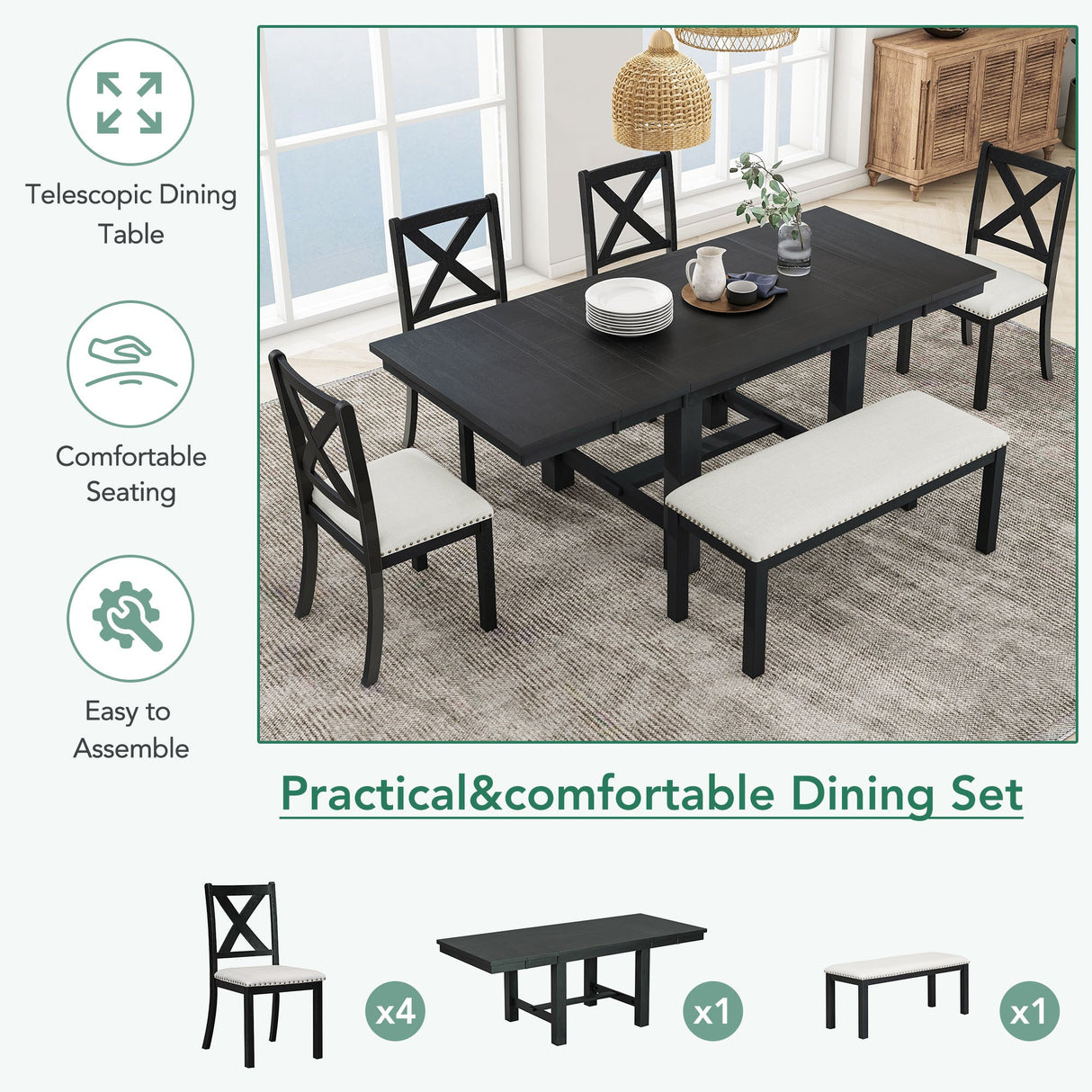 TOPMAX Farmhouse 82-Inch 6-Piece Extendable Dining Table Set