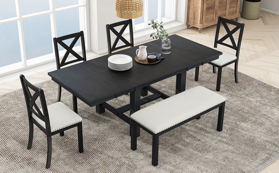TOPMAX Farmhouse 82-Inch 6-Piece Extendable Dining Table Set