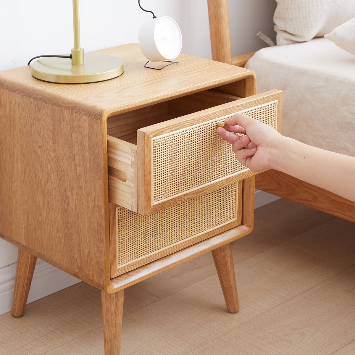 Pure Solid Wood Bedside Cabinet with Rattan Detail - Natural Wood